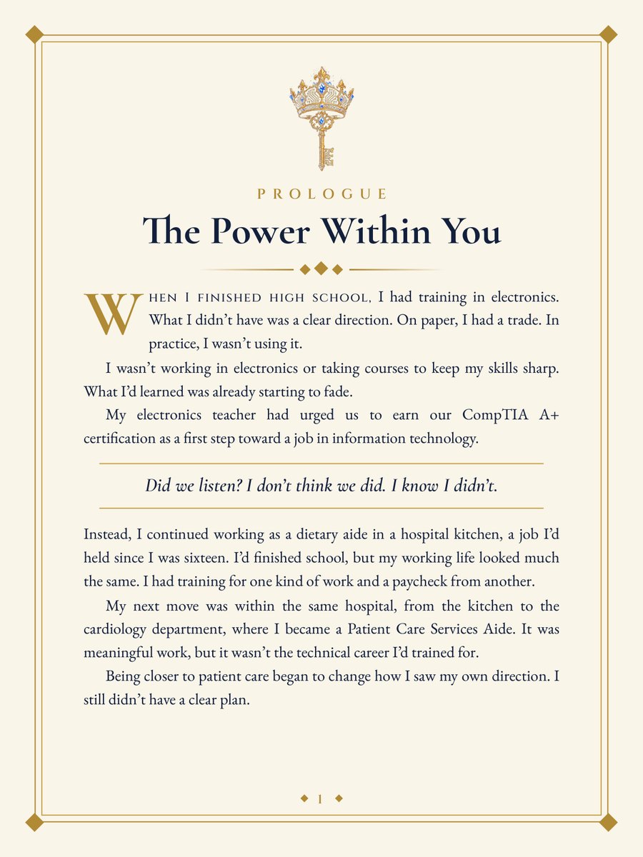 Prologue page of The Cybersecurity Cheat Code: The Power Within You. It opens: When I finished high school, I had training in electronics. What I didn't have was a clear direction.