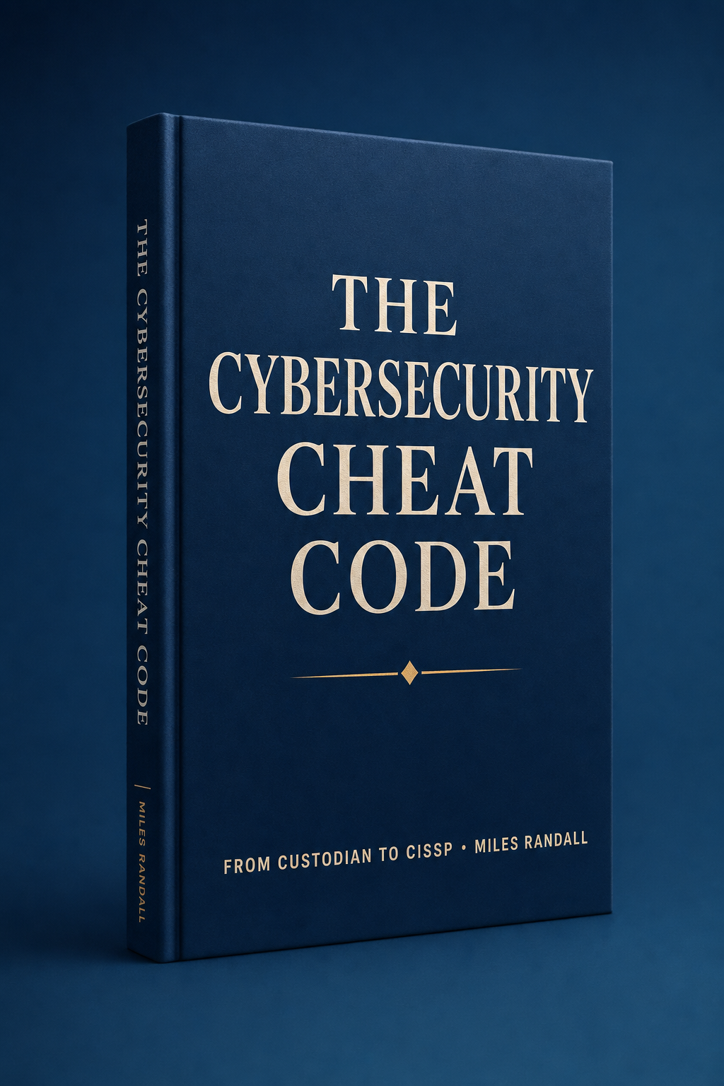 The Cybersecurity Cheat Code — 3D ebook cover mockup in deep royal navy and blue.