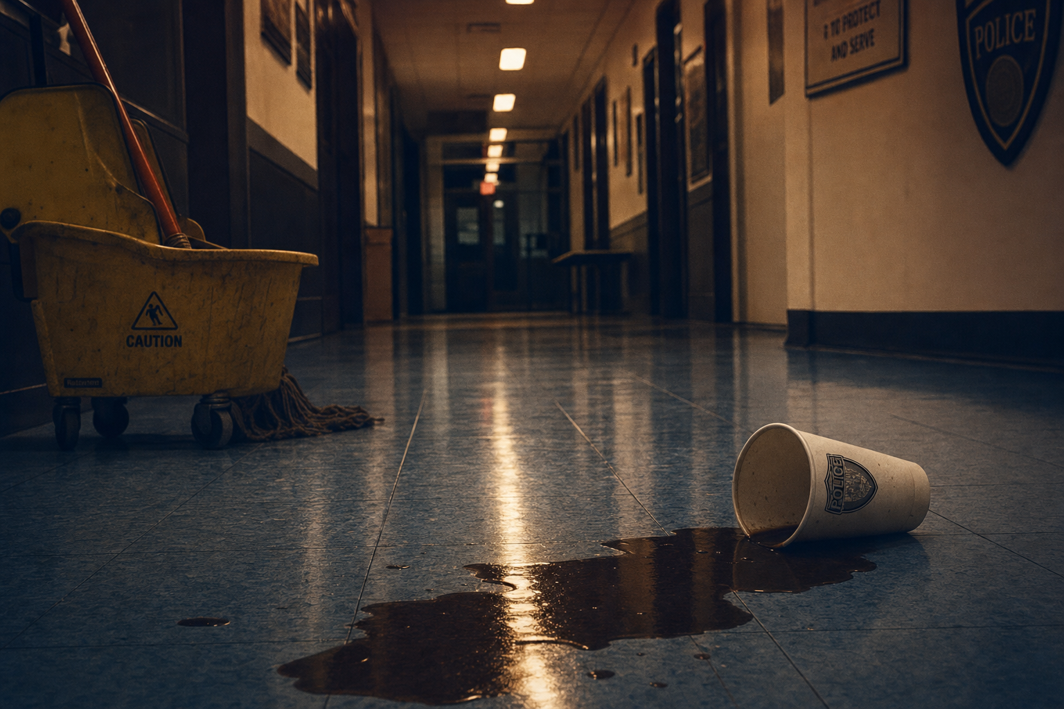 A spilled cup of coffee on a dimly lit police station floor at night, next to a mop and bucket.
