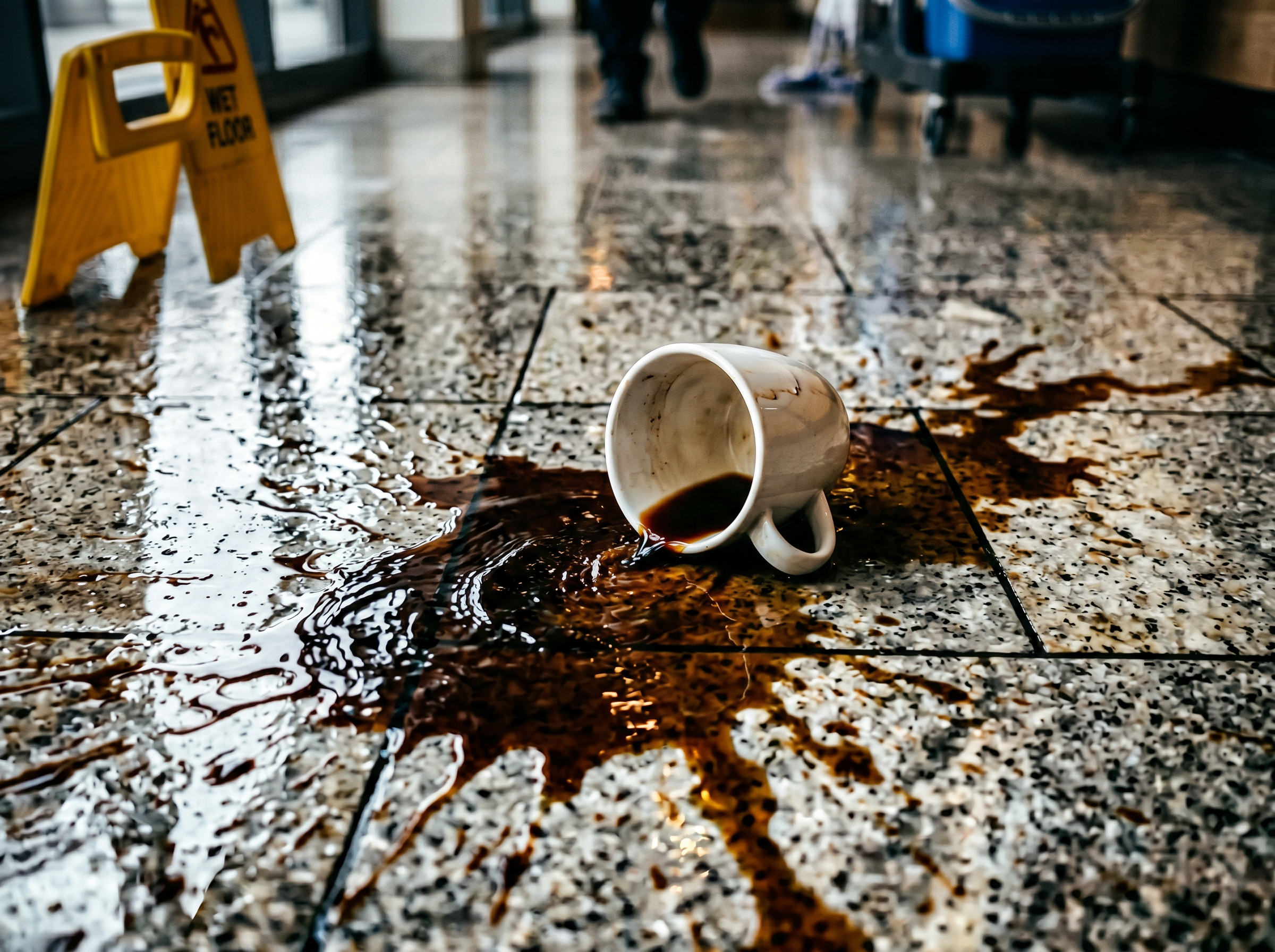 A spilled cup of coffee on a freshly mopped floor
